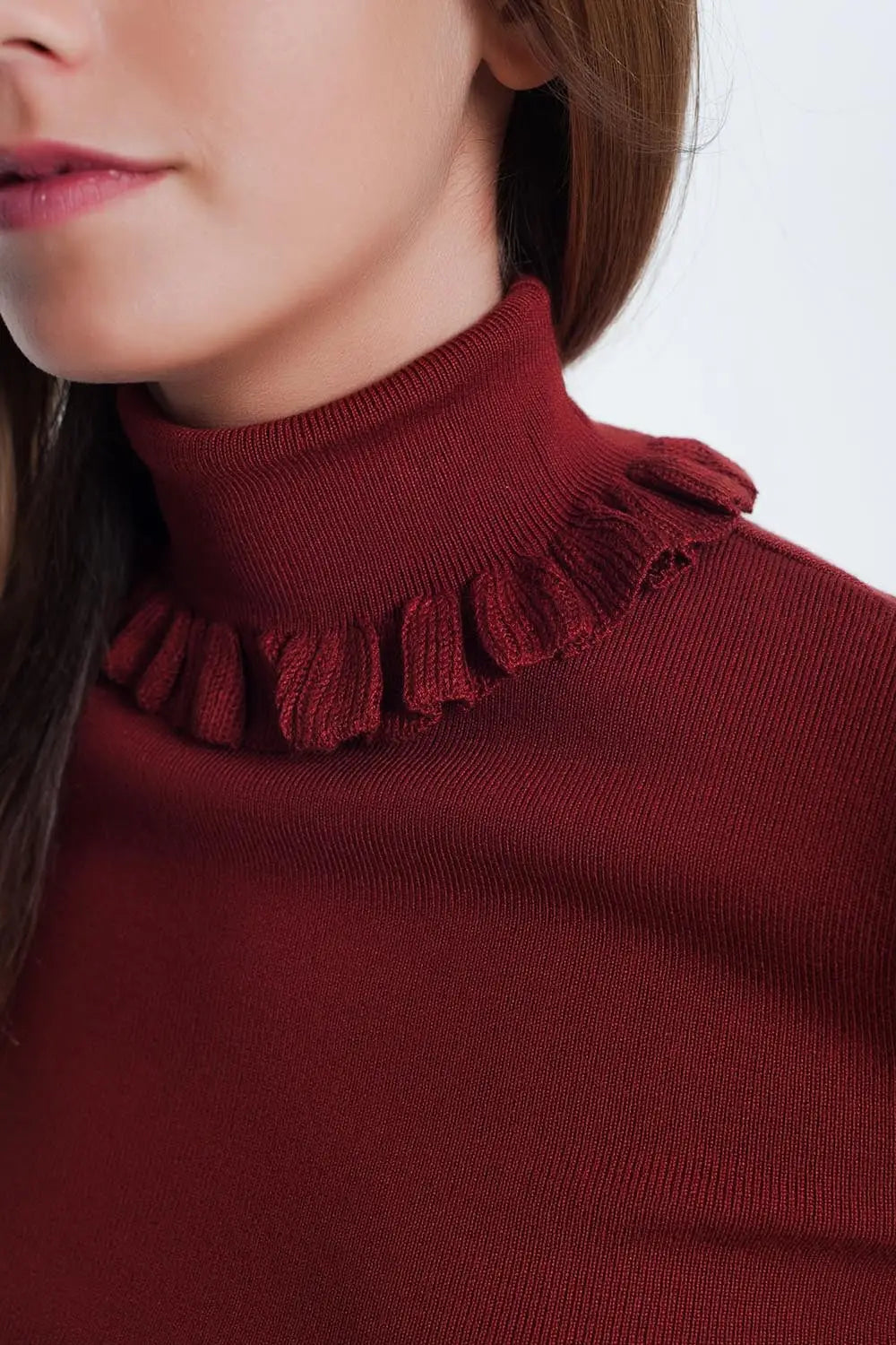 Pull côtelé ajusté avec encolure à volants orange - Pulls