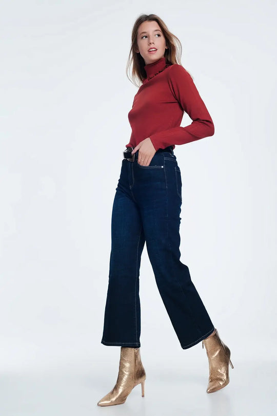 Pull côtelé ajusté avec encolure à volants orange - Pulls