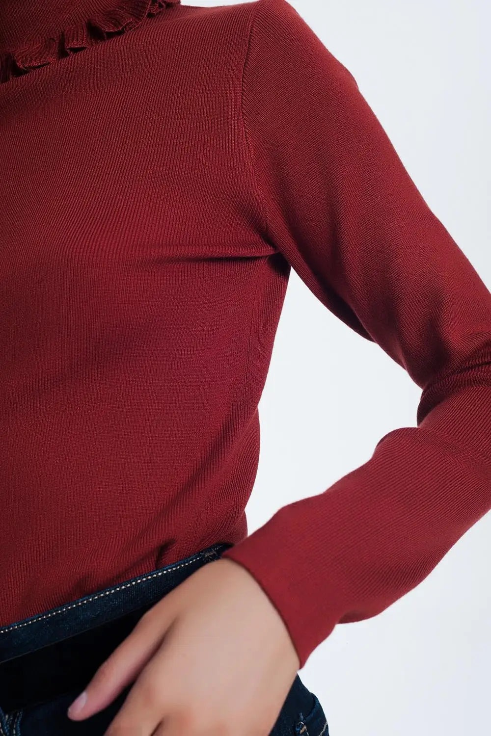Pull côtelé ajusté avec encolure à volants orange - Pulls
