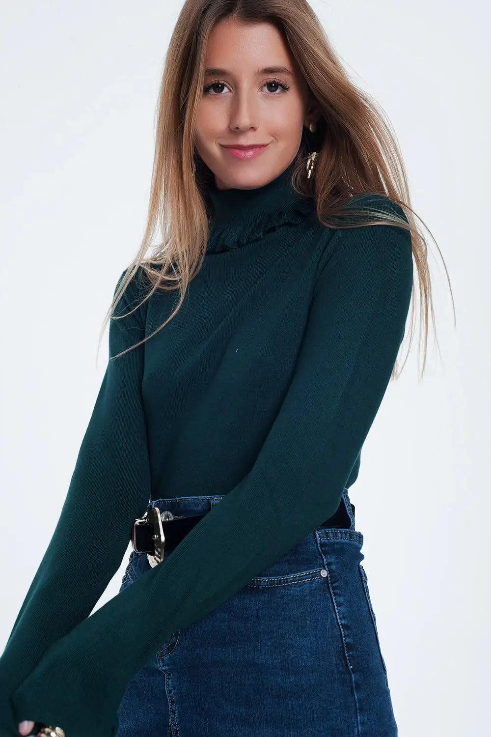 Pull côtelé ajusté avec encolure à volants vert - Pulls