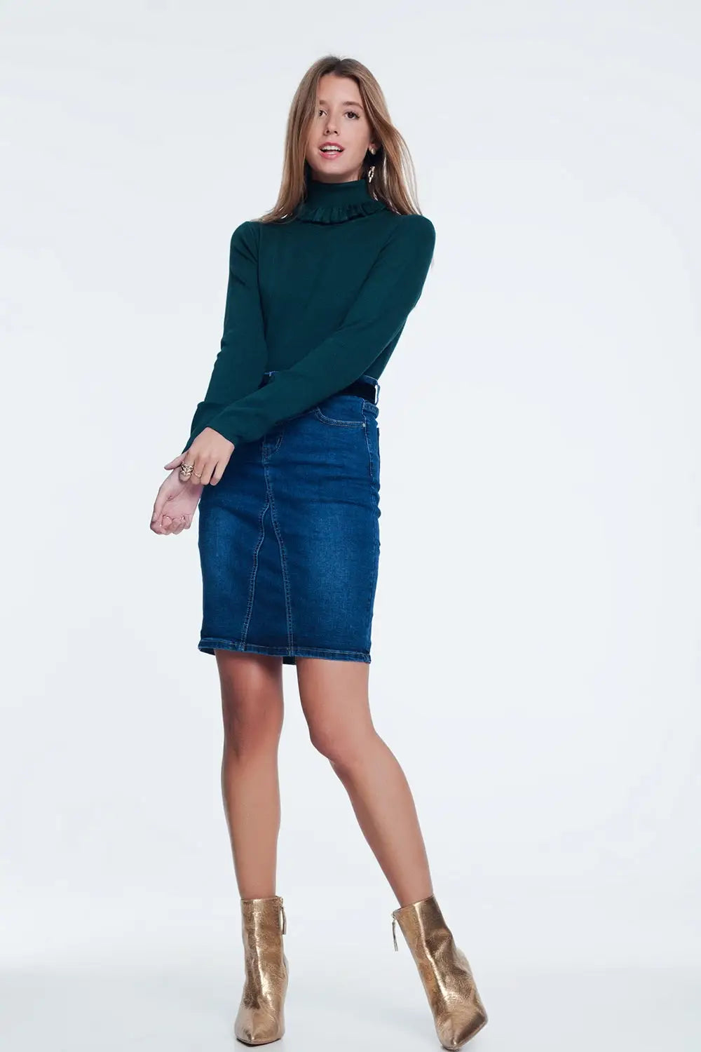 Pull côtelé ajusté avec encolure à volants vert - Pulls