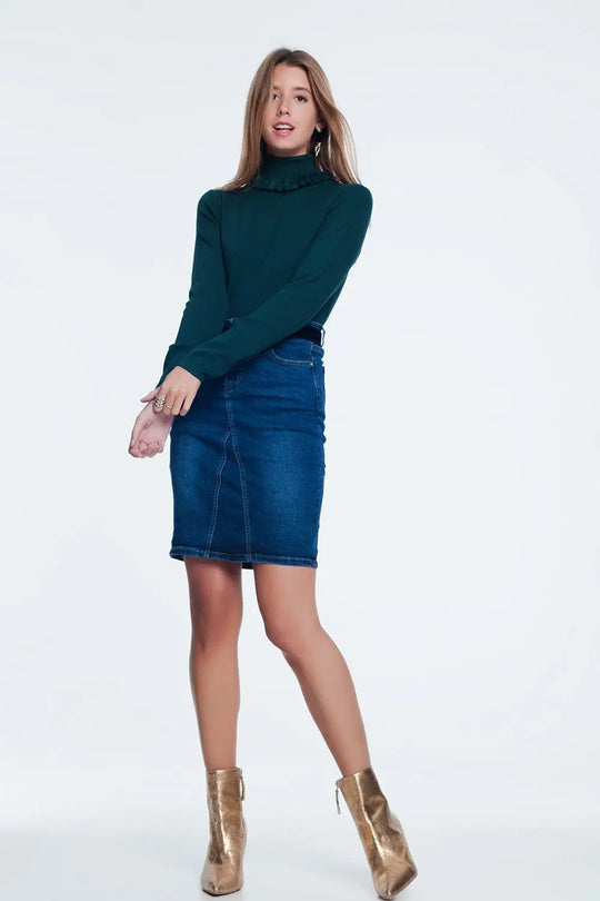 Pull côtelé ajusté avec encolure à volants vert - Pulls