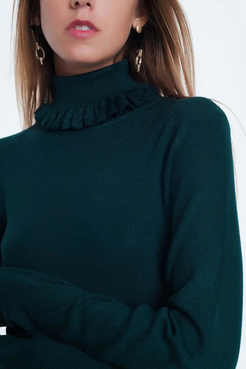 Pull côtelé ajusté avec encolure à volants vert - Pulls