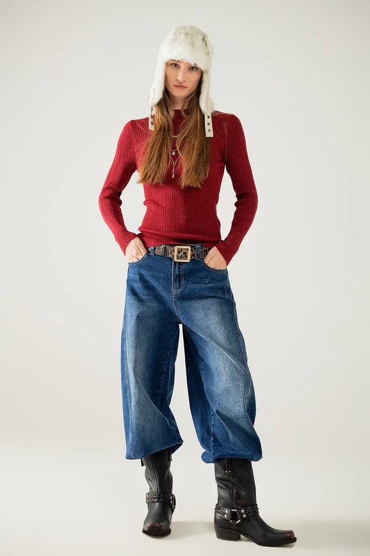 Pull côtelé ajusté en marron avec détails en fil d’argent - Pulls