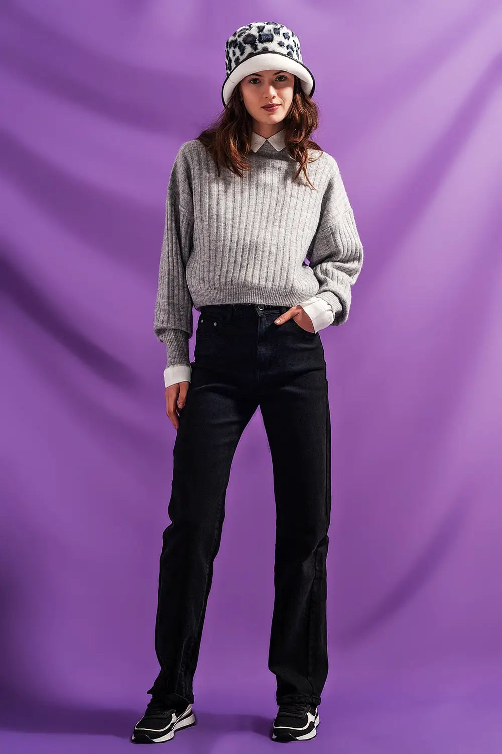 Pull côtelé avec rayures gris - Pulls