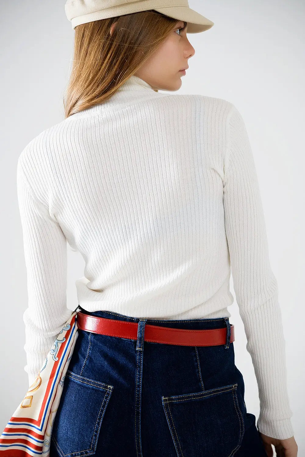 Pull côtelé basique crème à col montant - Pulls
