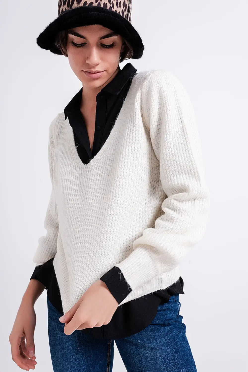 Pull côtelé blanc cassé - Pulls