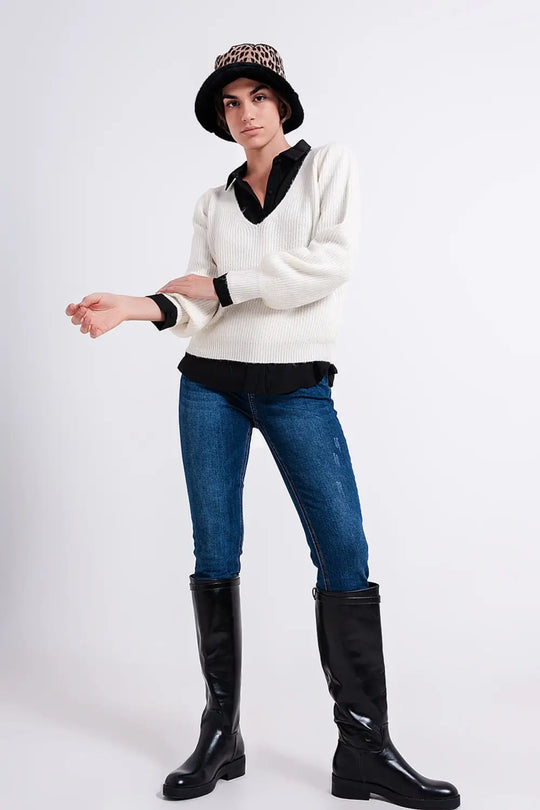 Pull côtelé blanc cassé - Pulls