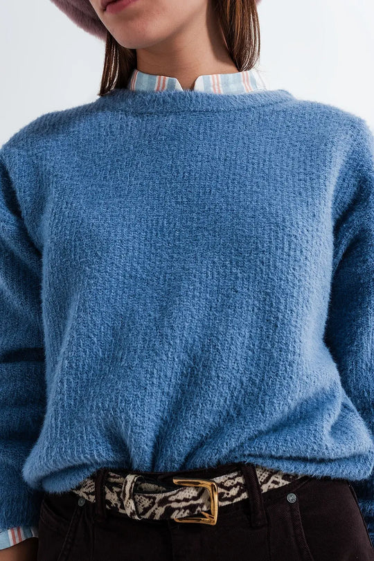 Pull côtelé ras de cou en maille duveteuse en bleu - Pulls