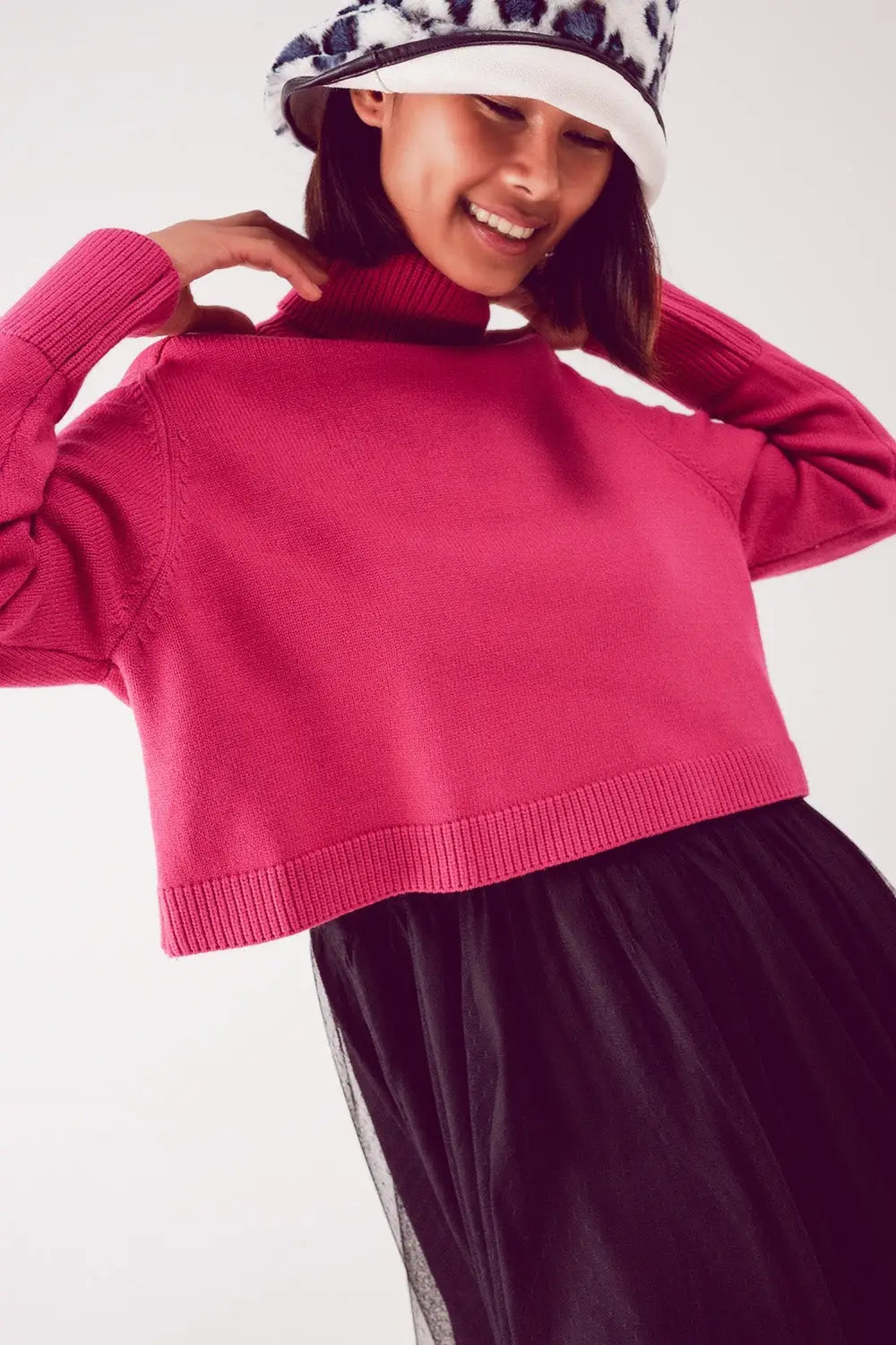 Pull court à col haut en fuchsia - Pulls