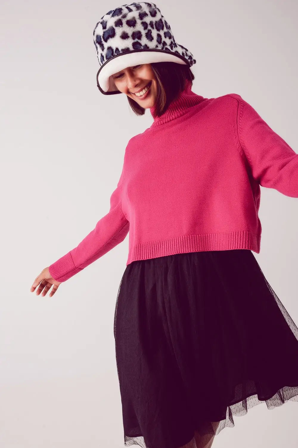 Pull court à col haut en fuchsia - Pulls