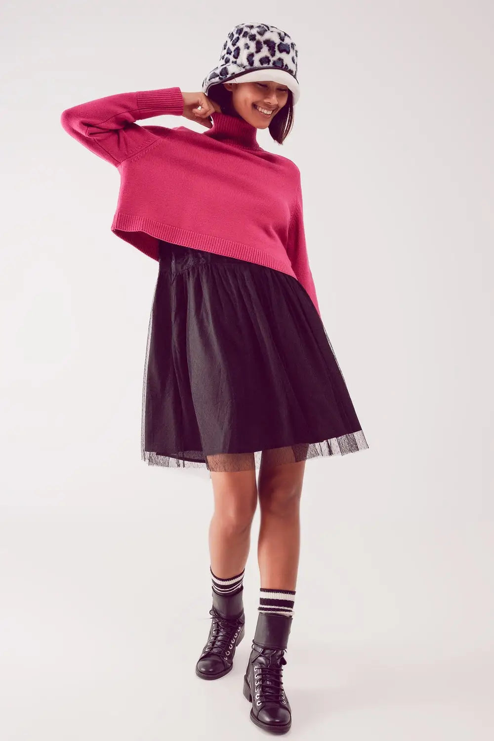 Pull court à col haut en fuchsia - Pulls