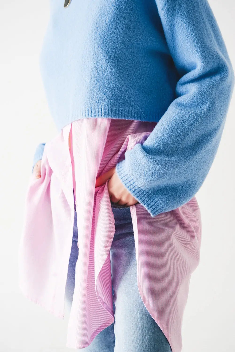 Pull court en maille duveteuse bleu - Pulls