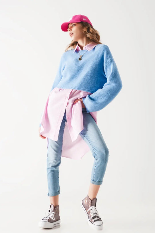 Pull court en maille duveteuse bleu - Pulls