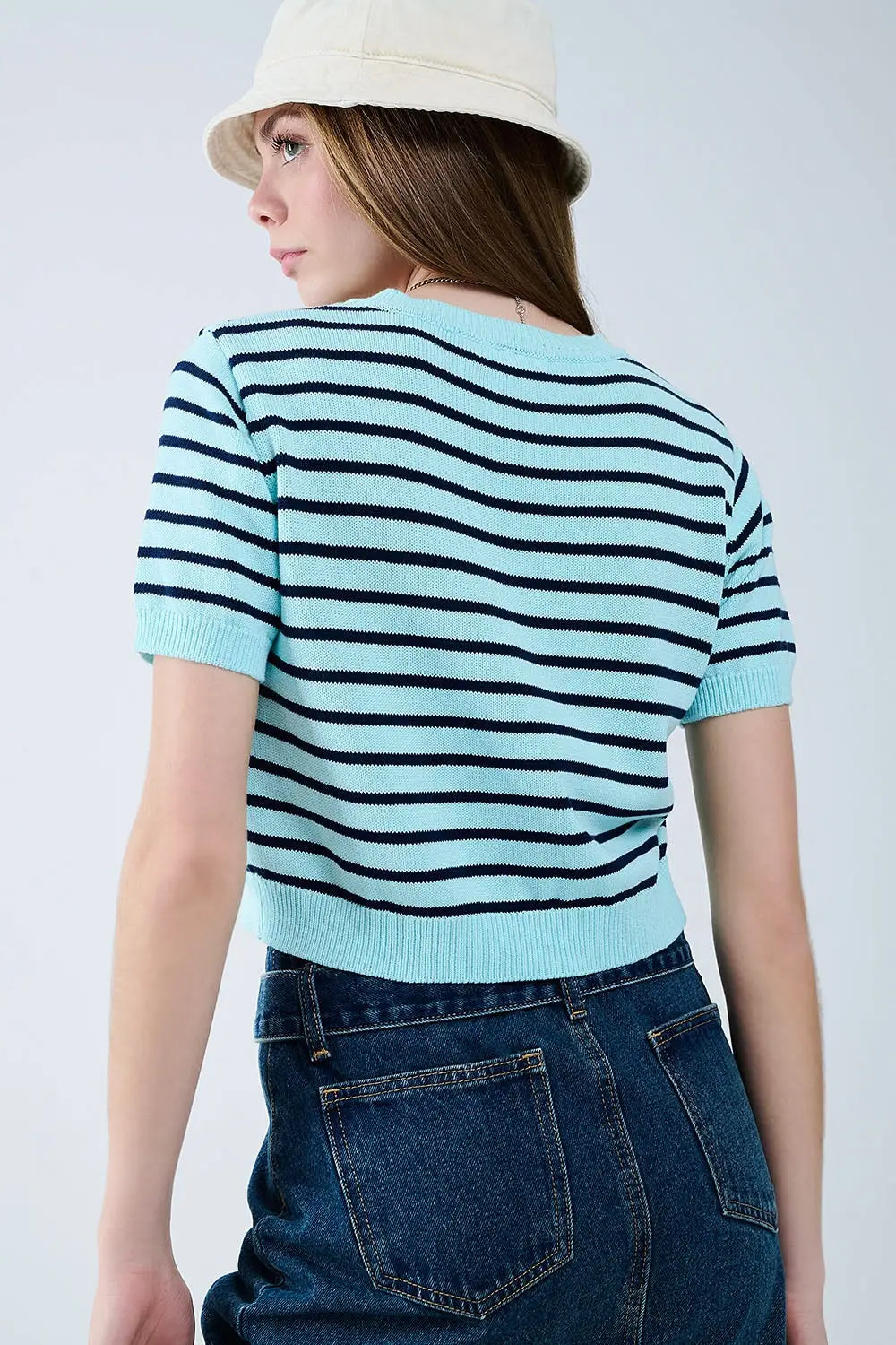Pull court vert menthe à rayures bleu marine - Pulls
