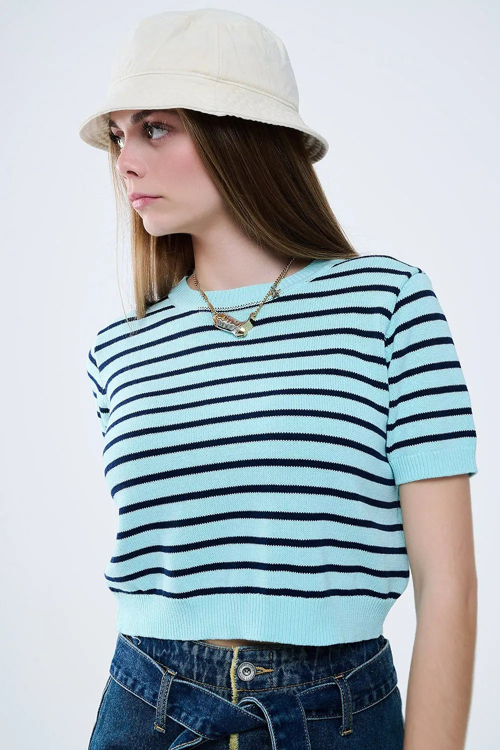 Pull court vert menthe à rayures bleu marine - Pulls