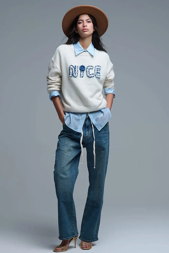 Pull crème à col rond avec Nice brodé - One Size / blanc - Pulls