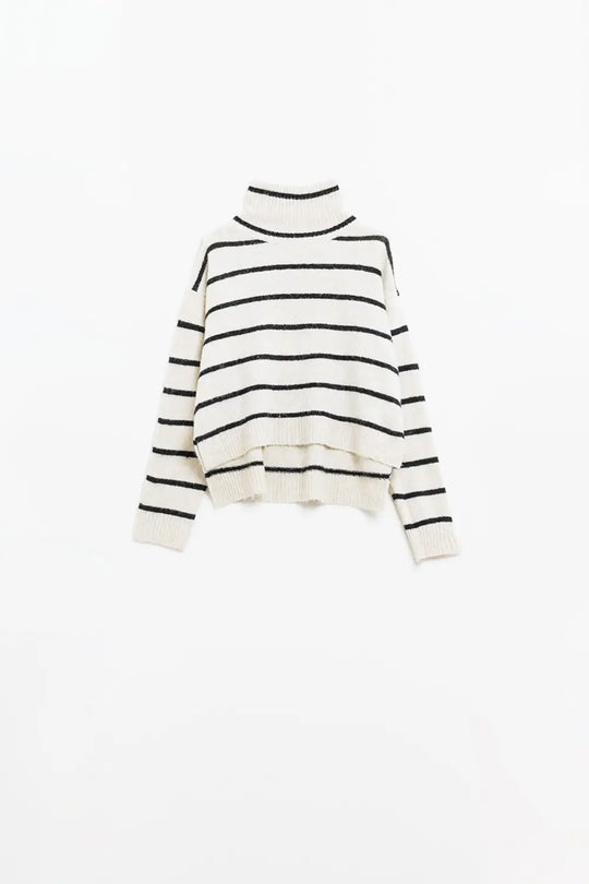 Pull crème rayé noir à col montant - Pulls