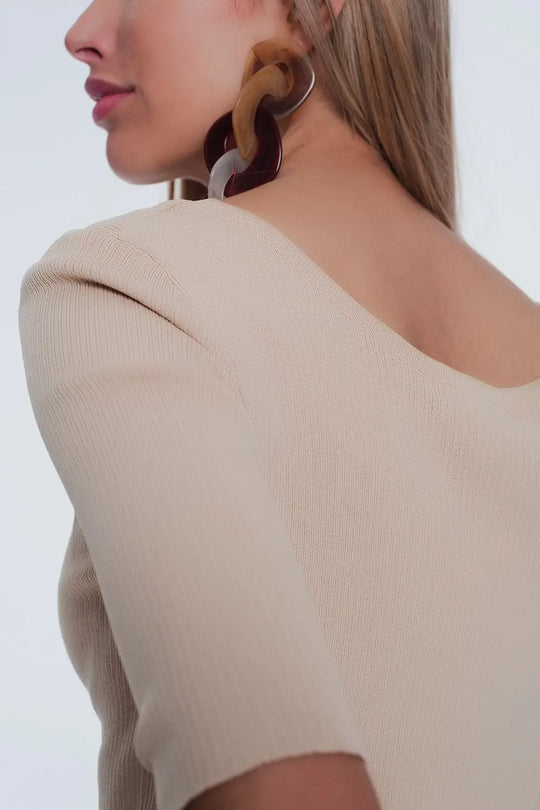 Pull d’ensemble ajusté en maille côtelé à boutons en beige - Pulls