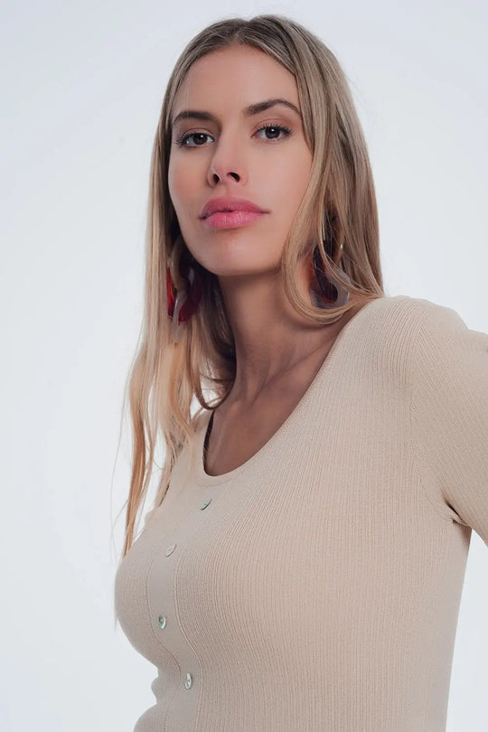 Pull d’ensemble ajusté en maille côtelé à boutons en beige - Pulls