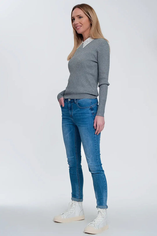 Pull d’ensemble ajusté en maille gris - Pulls