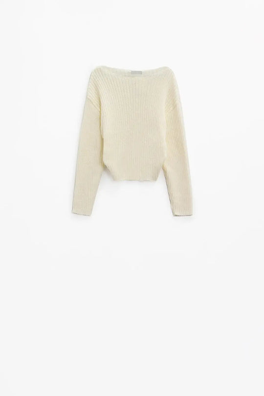 Pull décontracté à col bateau et côtes en crème - Pulls