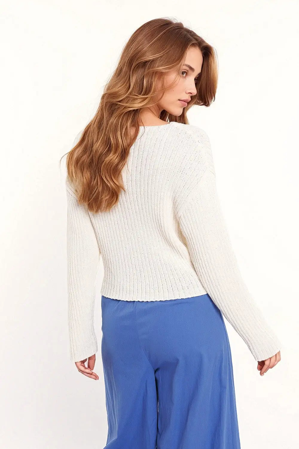 Pull décontracté à col bateau et côtes en crème - Pulls
