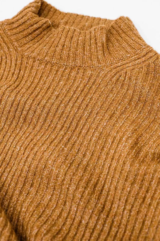 pull décontracté à col montant en côtes camel - Pulls
