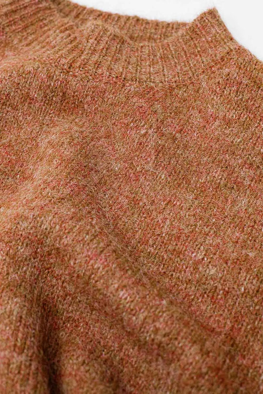 Pull décontracté à manches françaises et col ras du cou en camel - Pulls