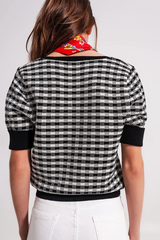Pull duveteux à encolure carrée noir et blanc - Pulls