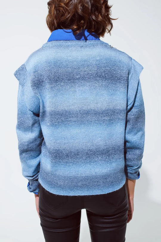 Pull en bleu ombré avec col rond et détails des manches - Pulls