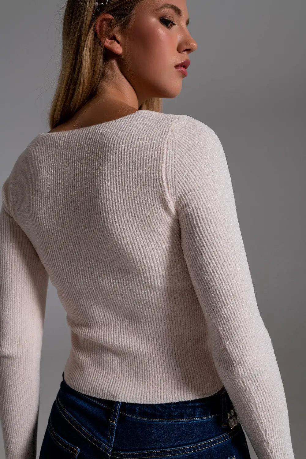 Pull en chenille à encolure cœur en blanc - Pulls