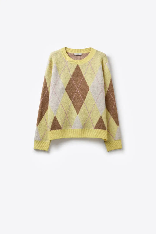 Pull en maille douce et duveteuse à motif losanges jaune et camel - One Size / jaune - Pulls