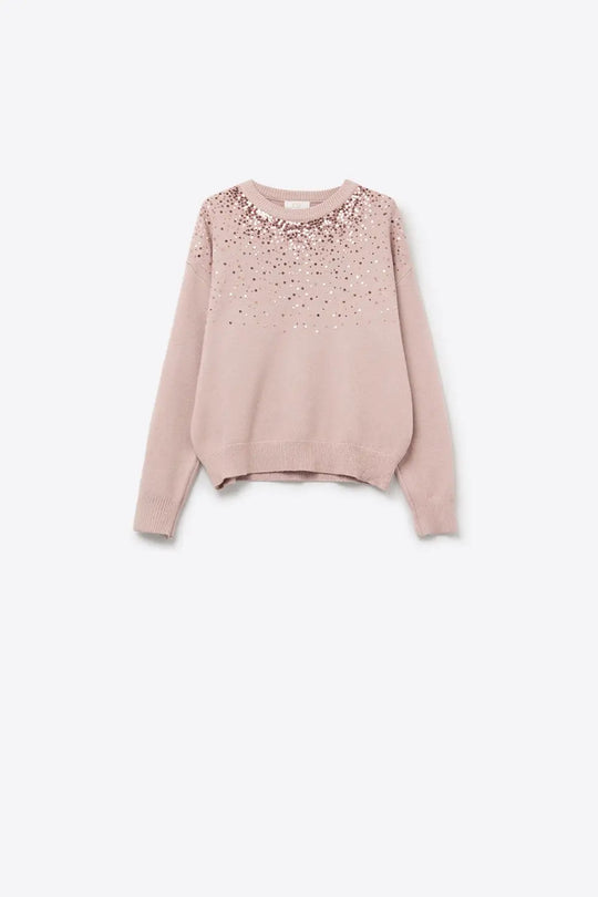 Q2 Pull en maille douce rose rehaussé de paillettes sur le devant