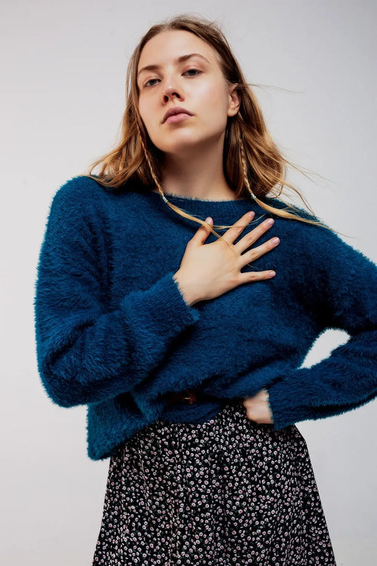 Pull en maille duveteuse bleu - Pulls