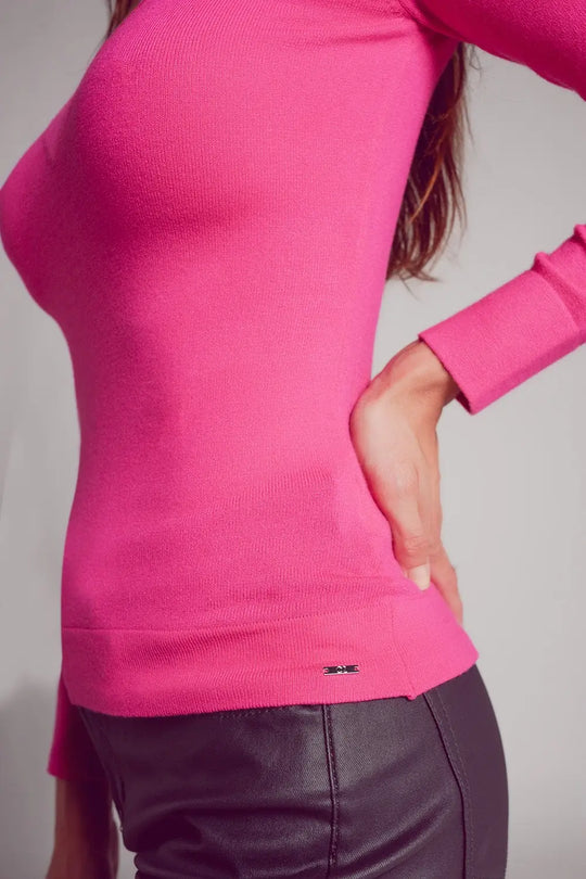 Pull en maille fine col V fuchsia - Pulls
