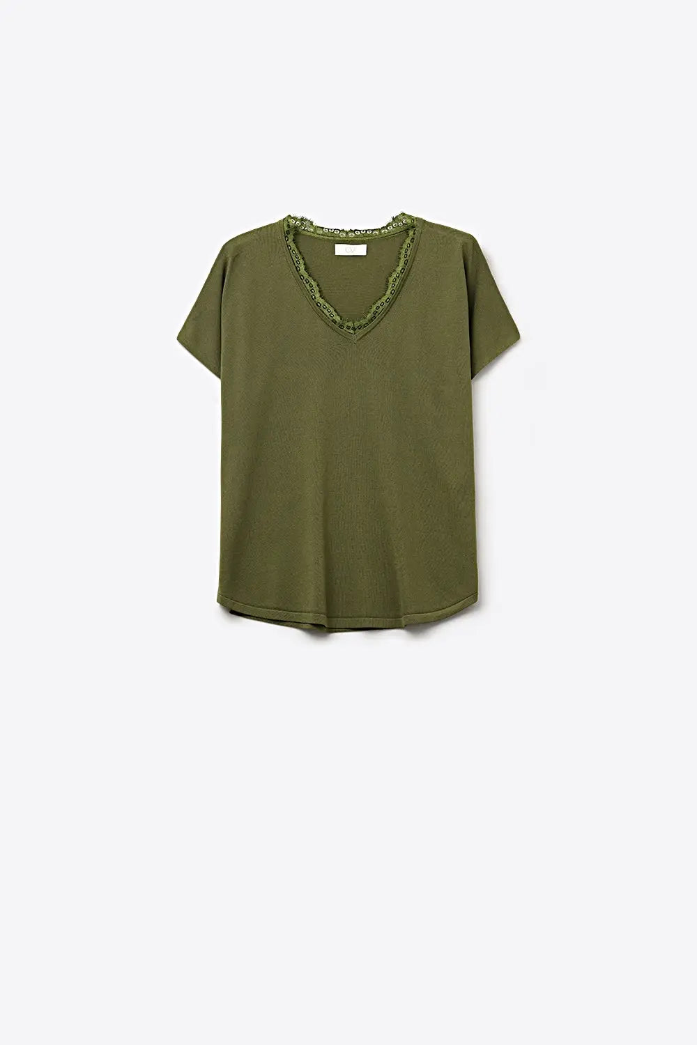 Q2 Pull en maille fine et douce avec col en V et bordures en dentelle en kaki
