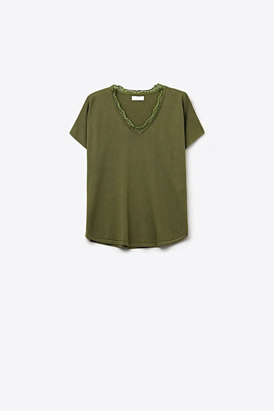 Q2 Pull en maille fine et douce avec col en V et bordures en dentelle en kaki