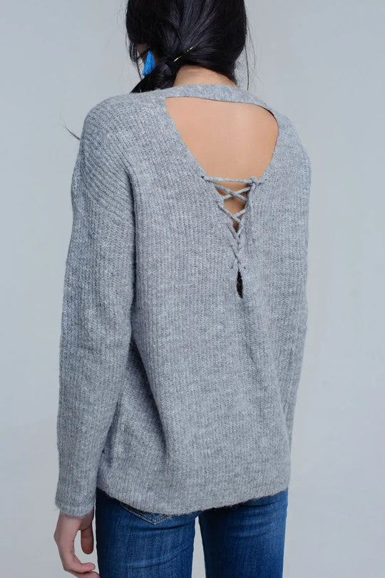 Pull en maille gris avec fermeture à nouer - Pulls