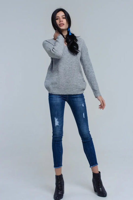 Pull en maille gris avec fermeture à nouer - Pulls