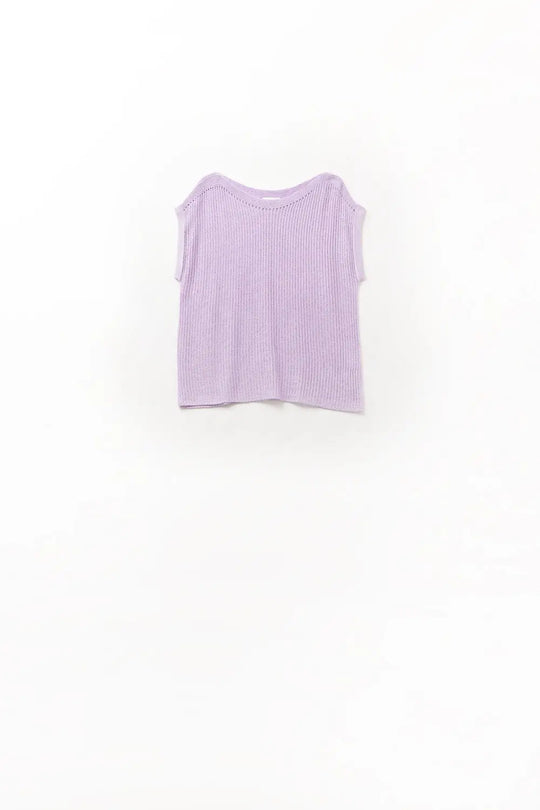 Q2 Pull en maille lilas à col bateau avec manches tombantes