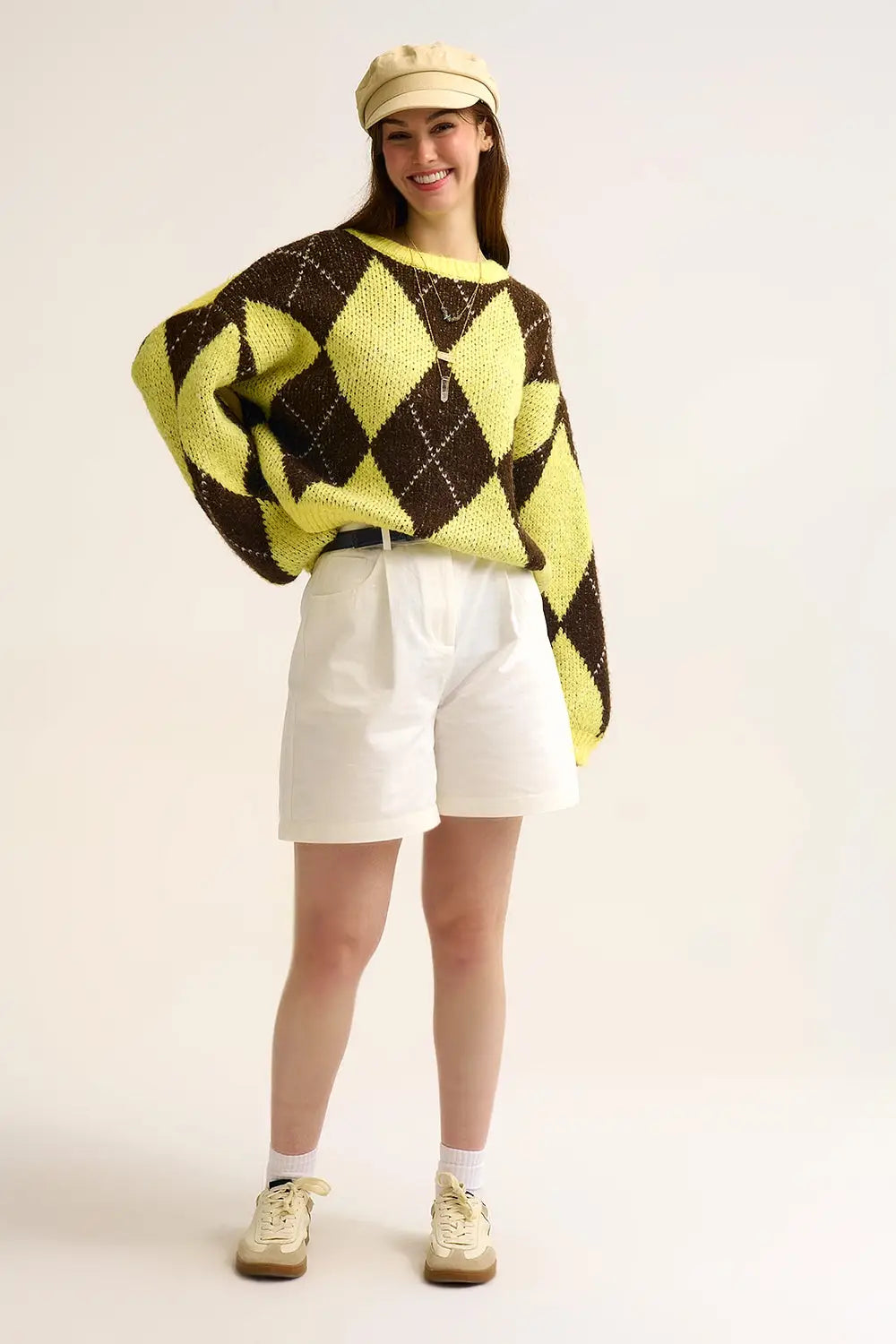 Pull en maille losange jaune et marron à manches volumineuses - One Size / jaune - Pulls