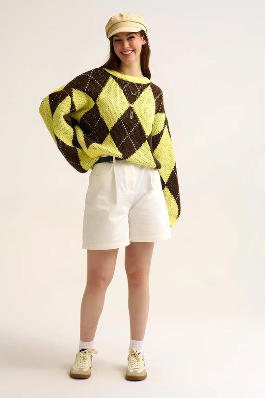 Pull en maille losange jaune et marron à manches volumineuses - One Size / jaune - Pulls