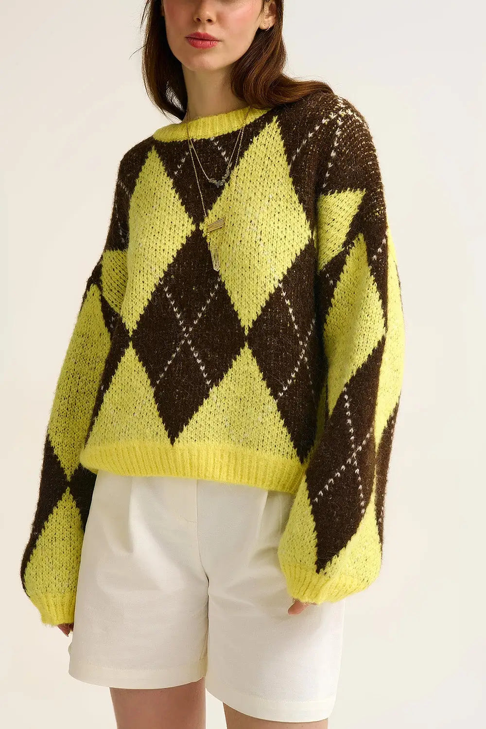 Pull en maille losange jaune et marron à manches volumineuses - One Size / jaune - Pulls
