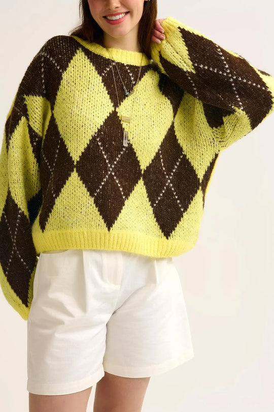 Pull en maille losange jaune et marron à manches volumineuses - One Size / jaune - Pulls