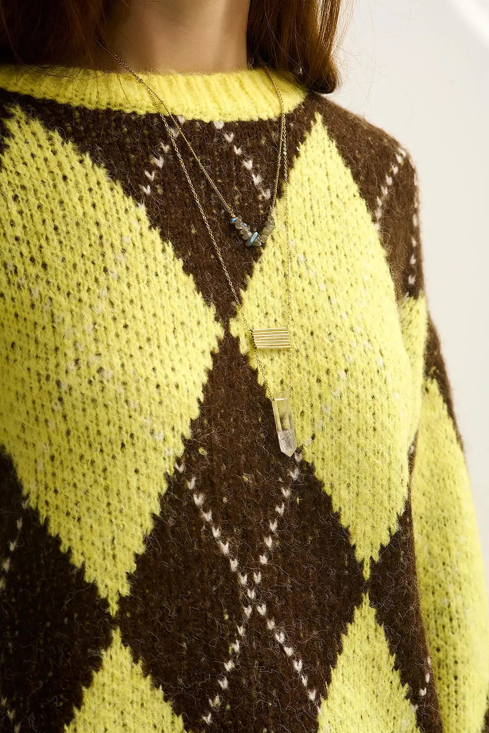 Pull en maille losange jaune et marron à manches volumineuses - One Size / jaune - Pulls