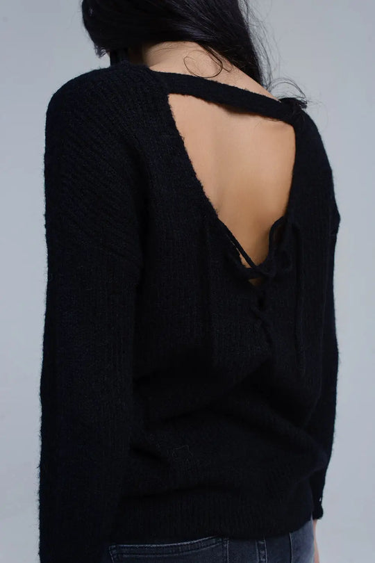 Pull en maille noir avec fermeture à nouer - Pulls