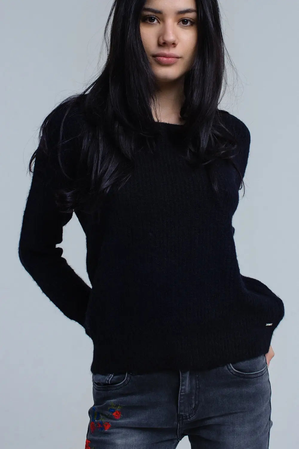 Pull en maille noir avec fermeture à nouer - Pulls