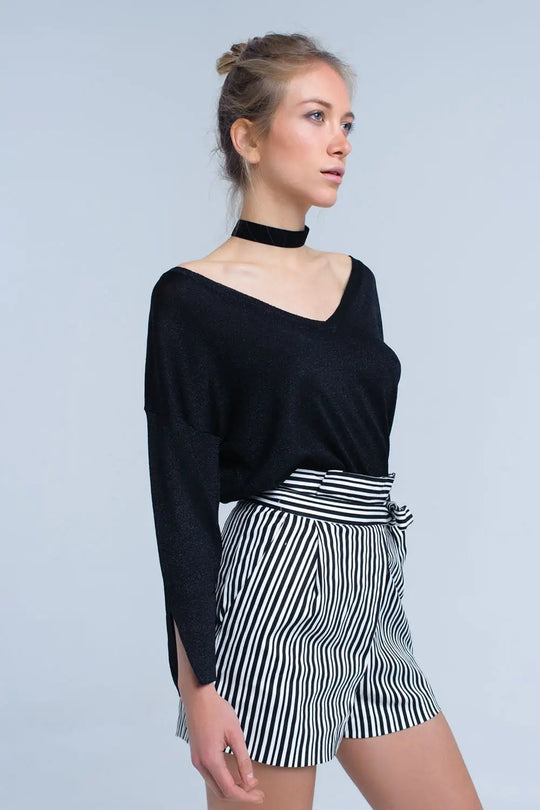 Pull en maille noire avec détail en lurex doré - Pulls