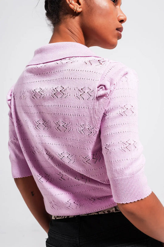 Pull en maille pointelle court à col polo rose - Pulls